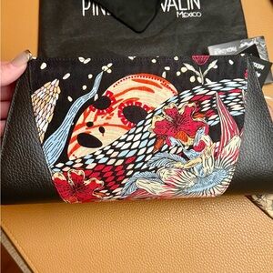 Pineda Covalin Black Floral Leather Clutch w/matching Fan NWT